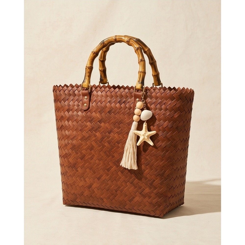 Woven‎ Brown Lattice Tote Bag with Bamboo Handles and Seashell Starfish Charm
